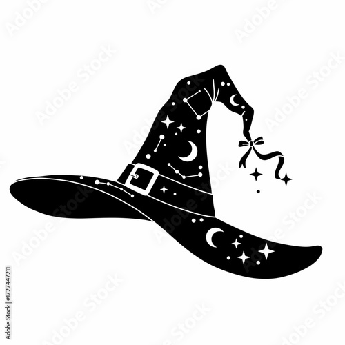 witch, hat, silhouette, vector, clipart, magic, Halloween, spooky, costume, wizard, moon, stars, night, fantasy, mystical, enchanted, charm, pointed, buckle, spell, potion, spellbook, broomstick, goth