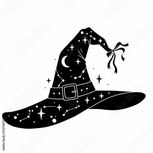 witch, hat, silhouette, vector, clipart, magic, Halloween, spooky, costume, wizard, moon, stars, night, fantasy, mystical, enchanted, charm, pointed, buckle, spell, potion, spellbook, broomstick, goth
