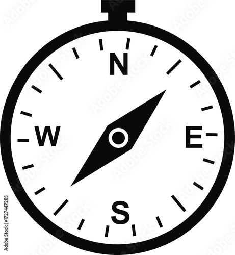 Black and white compass graphic with north south east west indicators navigation direction