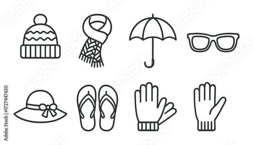 Assorted fashion accessories: hat, scarf, umbrella, sunglasses, sandals, gloves