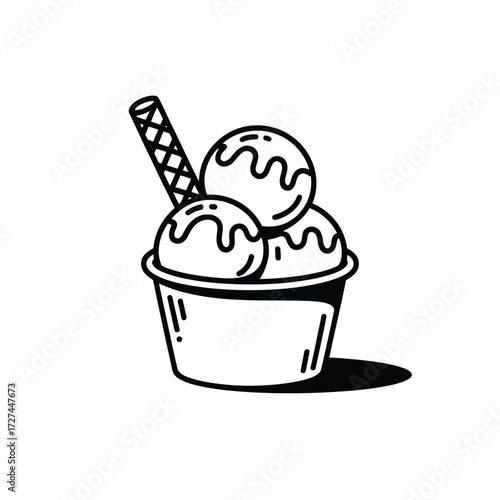 Hand drawn ice cream sundae in a cup with wafer stick