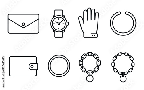 Elegant accessory icons including watch necklace bracelet and wallet
