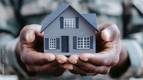 Protective hands holding house model homeownership concept