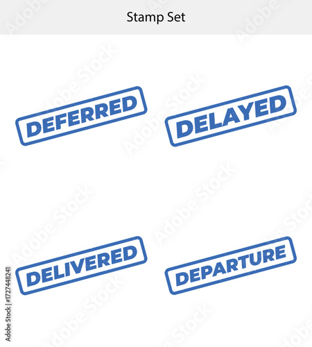 Rubber Stamp Set Featuring Deferred, Delayed, Delivered, and Departure with Blue Ink Texture