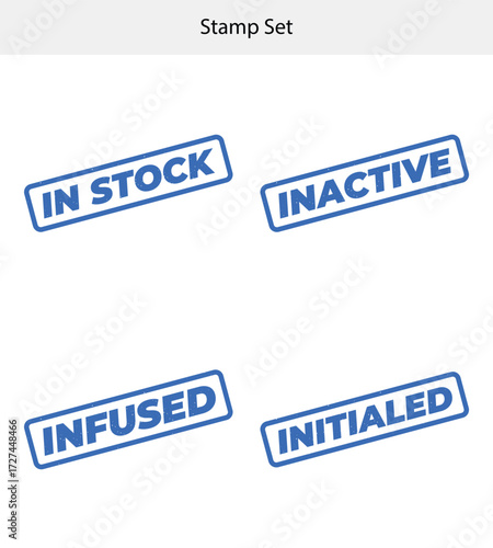 Rubber Stamp Set with In Stock, Inactive, Infused, and Initialed on White