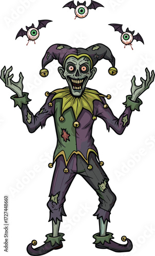 Sinister jester character, creepy clown illustration, flying eyeball monsters, horror fantasy art, scary costume, Halloween theme, spooky surreal concept, eerie design