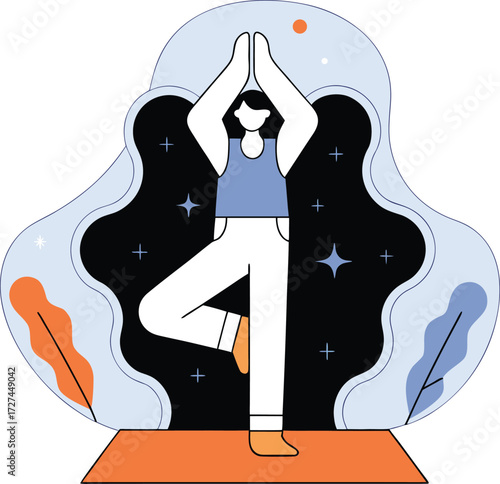 Standing on one leg, other foot on thigh, palms joined overhead.