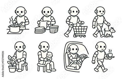 Robots performing everyday tasks including cooking, laundry, shopping, and driving