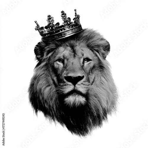 A regal lion portrait, adorned with a crown, showcases a powerful, majestic creature against a stark white background.