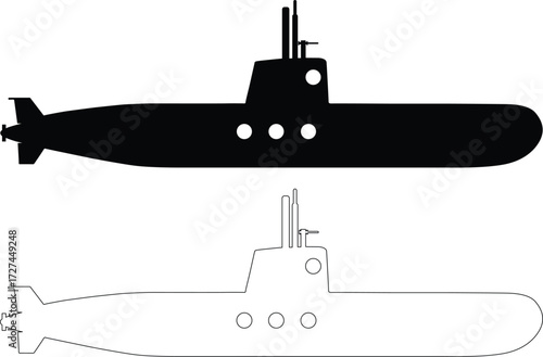 Two submarine outlines one black silhouette and one white outline silhouette