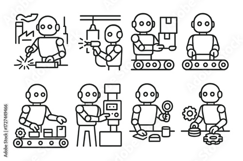 Robotic assembly line automation icons depicting various industrial tasks