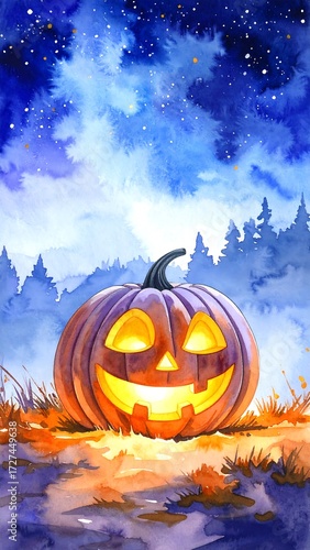 Watercolor pumpkin at night