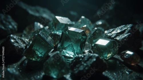 A brilliant cluster of raw, uncut green gemstones and precious crystals glowing with inner light on a dark mineral rock bed