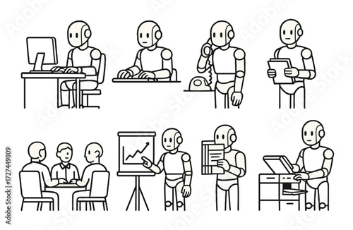 Robots engaged in office tasks and meetings in a professional environment