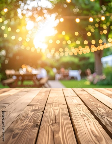 Outdoor wooden table top, blurred garden background