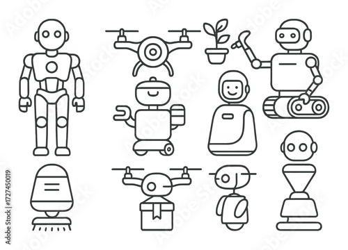 Futuristic robots and drones designs on metallic background