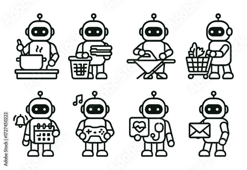 Series of iconic robots performing everyday household tasks
