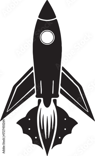 Retro rocket ship launching into space silhouette