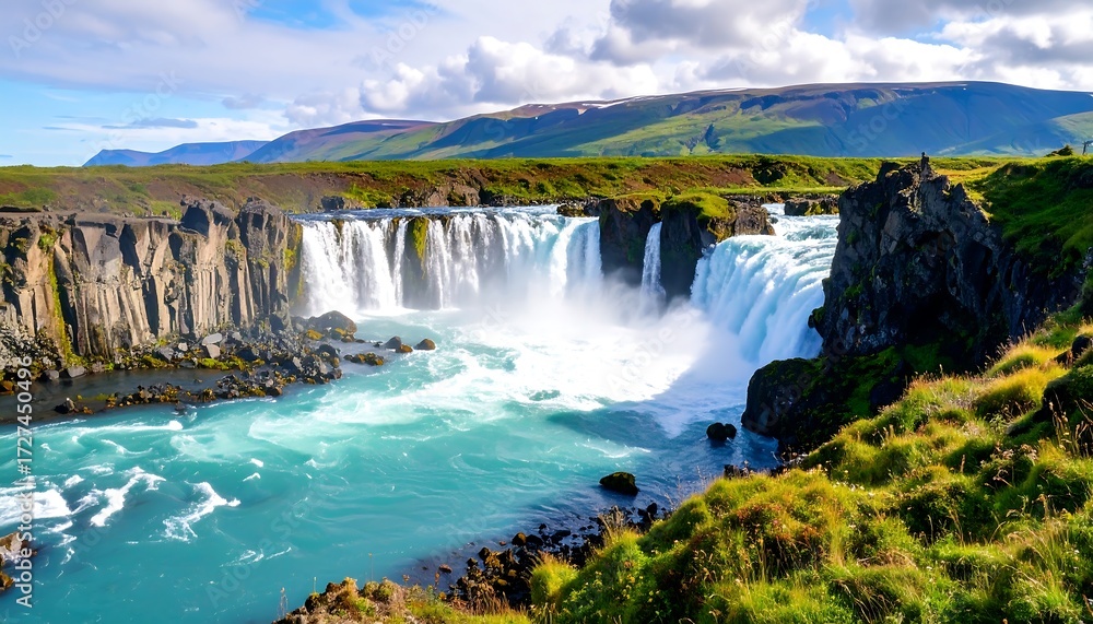 Fototapeta premium Powerful waterfall cascades into a turquoise river surrounded by rocky cliffs and lush green