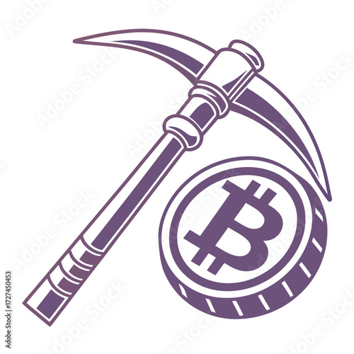 Illustration of a pickaxe tool crossing a bitcoin coin with purple outline on a white background design