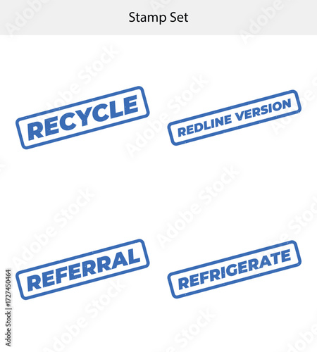 Set of Grunge Blue Stamp Design with Recycle, Redline Version, Referral, Refrigerate