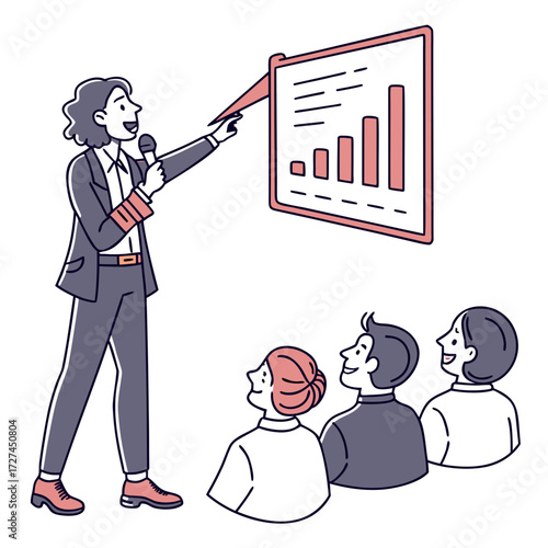 Woman presenting a bar graph to an audience with a microphone and a pointer stick in a presentation