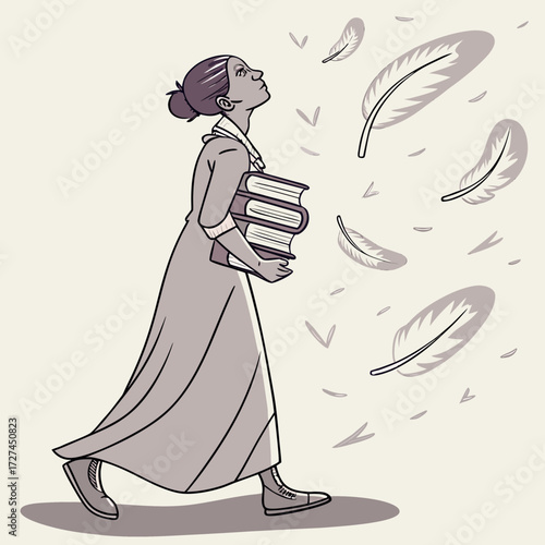 A woman in a long dress walking with books while looking up at floating feathers in a whimsical style