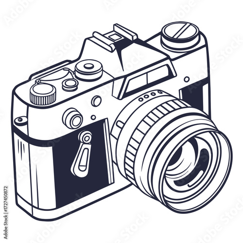 A detailed line art illustration of a vintage film camera with prominent lens and various dials and buttons