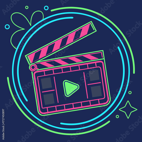 A vibrant neon illustration of a film clapperboard surrounded by playful abstract shapes and circles