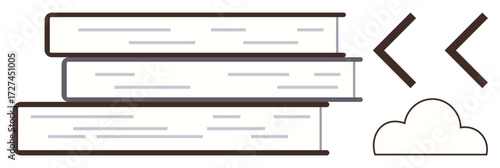 Stack of books beside coding brackets and cloud. Ideal for education, technology, innovation, learning, digital tools, cloud storage, knowledge transfer. Simple flat metaphor