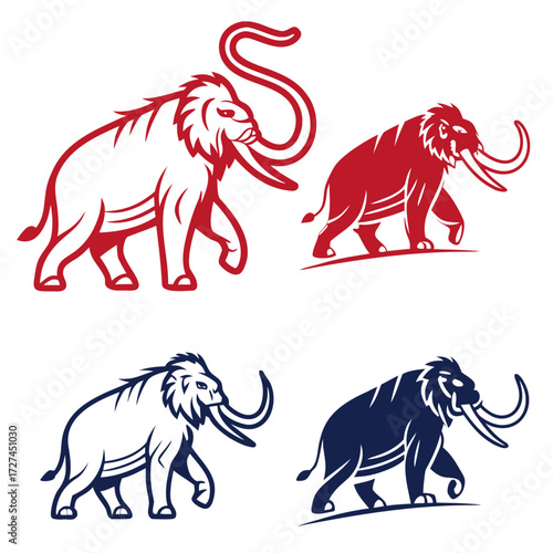 Four mammoth illustrations in red, white, and blue, showcasing the prehistoric animal in side profile
