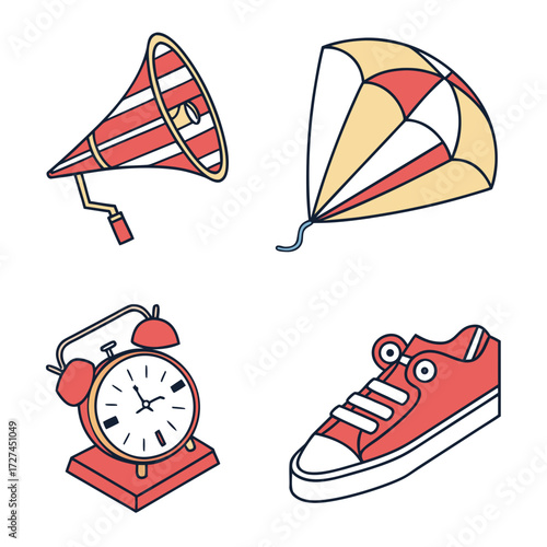 Illustration of a megaphone, parachute, alarm clock, and sneaker with red and yellow color scheme