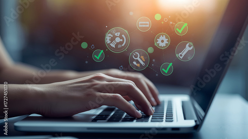A person typing on a laptop keyboard with digital gears, wrenches, and green check marks symbolizes system configuration, software maintenance, automation, and successful technical operations.