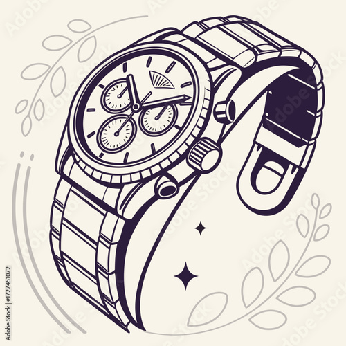 A detailed line art illustration of a wristwatch with a metal band surrounded by leafy decorations