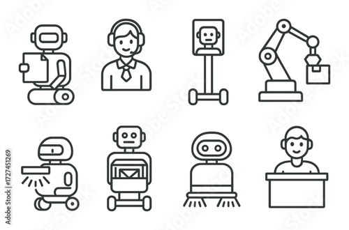 Collection of minimalist robot and ai icons on metallic background