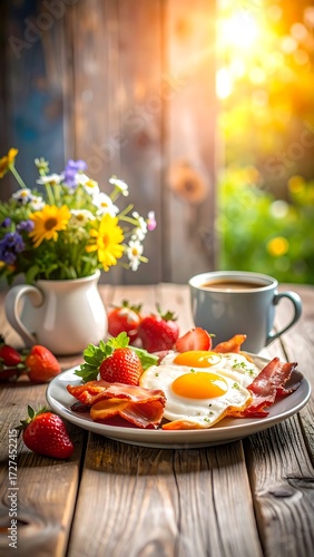 Sunny breakfast plate with eggs, ham, and berries
