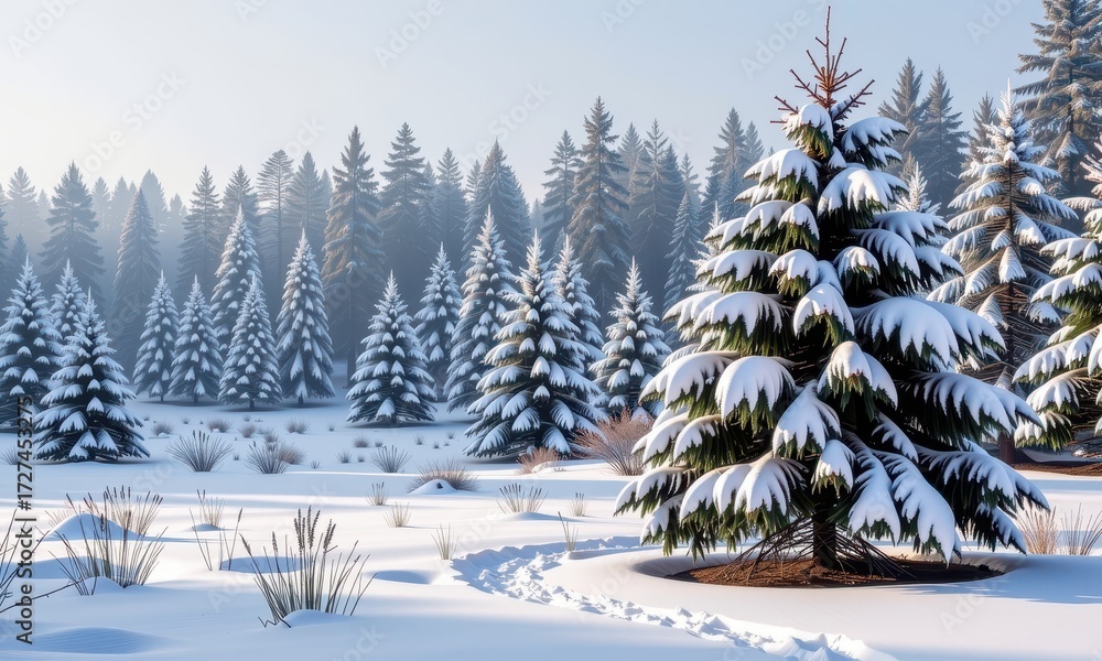 Naklejka premium Misty winter scene with snow-laden evergreen trees, tranquil and serene landscape, season, forest, trees