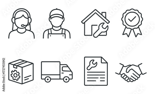 Service and support icons featuring call center, home repair, and delivery symbols