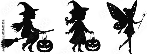Halloween silhouette illustration with flying witch on broomstick, standing witch holding pumpkin bucket, and magical fairy carrying star wand design