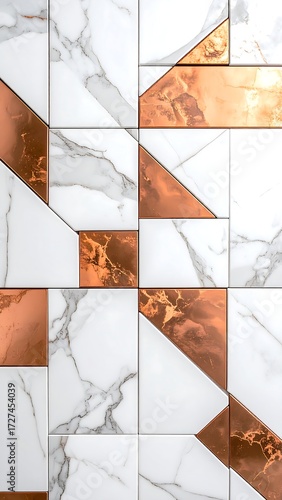 Abstract pattern of white marble and copper tiles