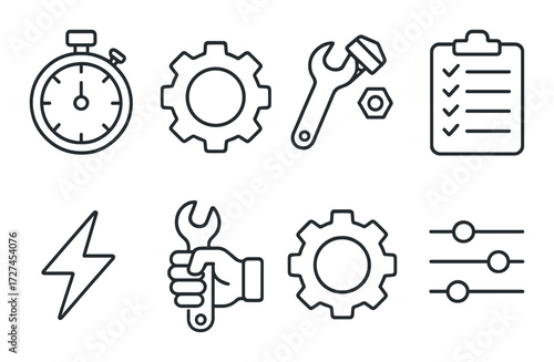 Time management and maintenance tools - stopwatch, gear, wrench, checklist symbols