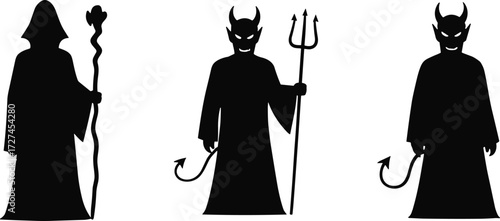 Fantasy silhouette illustration featuring wizard with staff, demonic devil with trident, and horned demon figure, perfect for Halloween, mythology, vector design