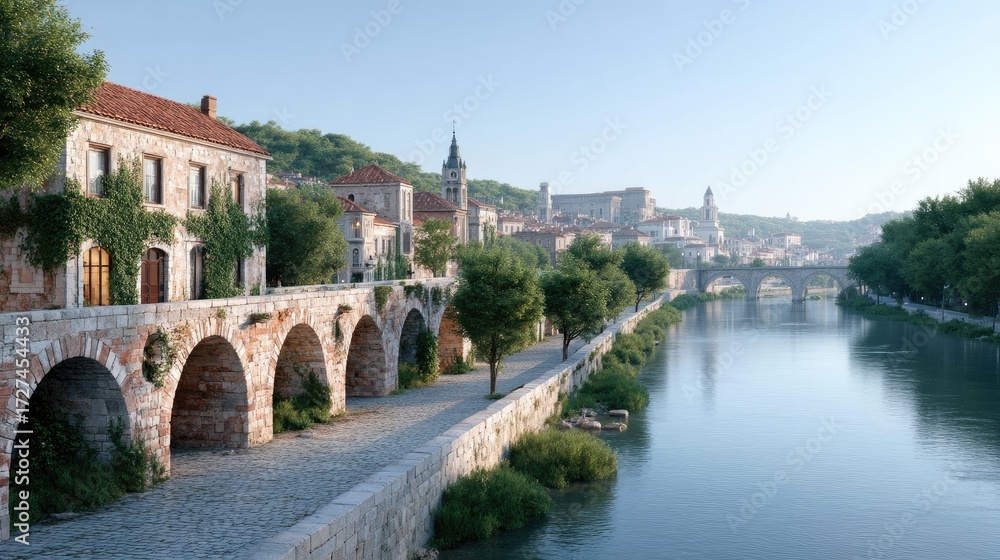 Obraz premium Ancient Roman Aqueduct Over River Under Clear Blue Sky in Daytime Scenery