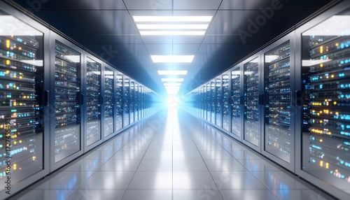 Digital energy core powering a futuristic server hall