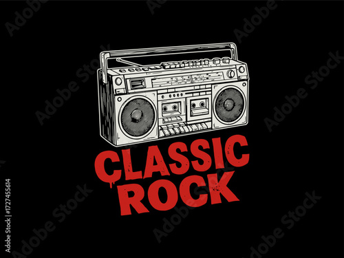 Retro Boombox Classic Rock Music Player Grunge Illustration, design t-shirt streetwear clothing, vector typography, perfect for modern apparel