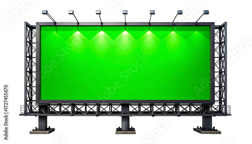 Large Billboard with Green Screen Display and Spotlights Isolated on White Background.