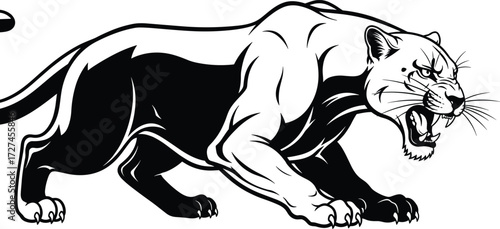 Aggressive crouching panther silhouette vector, black and white illustration, open mouth, muscular build, stealth pose, wild animal graphic design