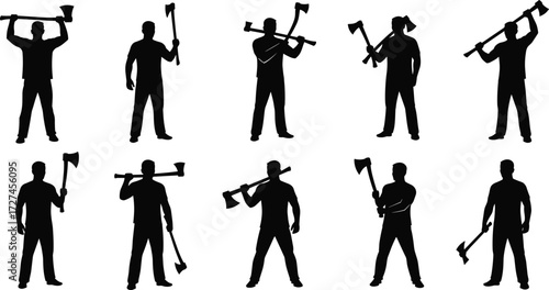 Axe silhouette vector set with dynamic poses, black and white illustration, tool handling, strength concept, character action artwork