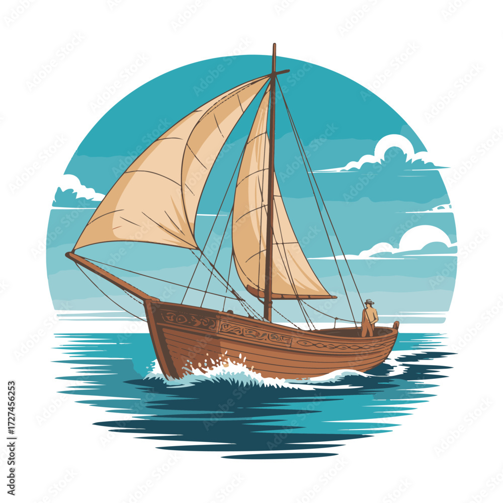 Fototapeta premium A wooden sailboat with tan sails glides across the ocean under a blue sky with clouds technology background