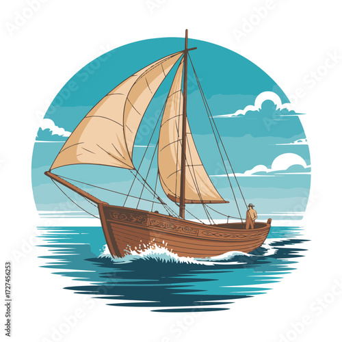 A wooden sailboat with tan sails glides across the ocean under a blue sky with clouds technology background